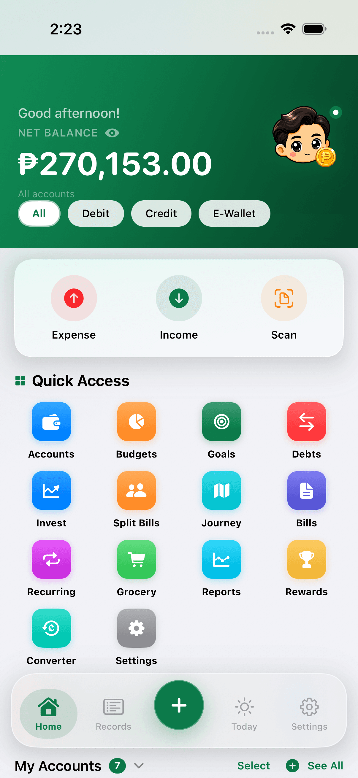 Pisowise dashboard showing net worth, account filters, quick actions, and feature shortcuts.