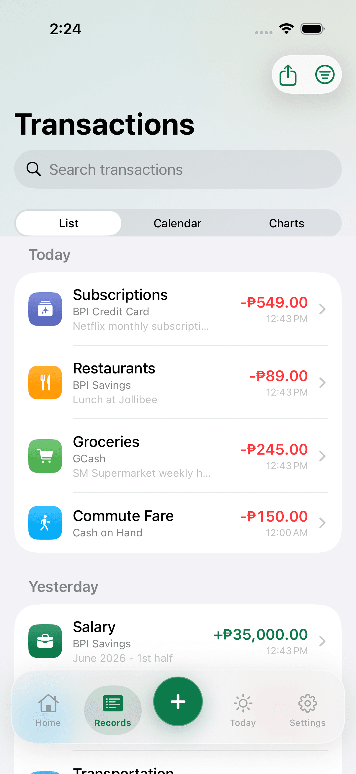 Pisowise transactions screen showing a searchable transaction list.