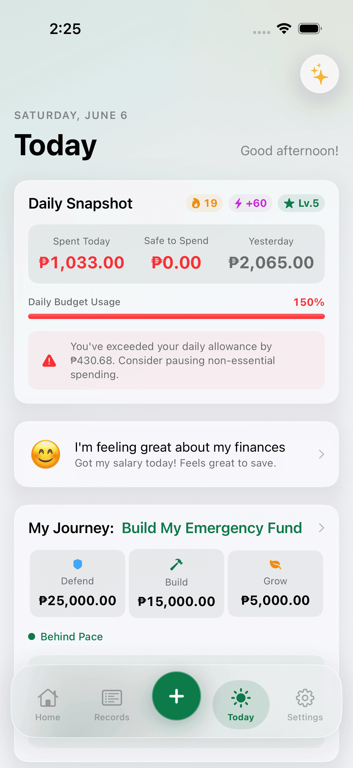 Pisowise Today screen for daily money check-ins and activity.