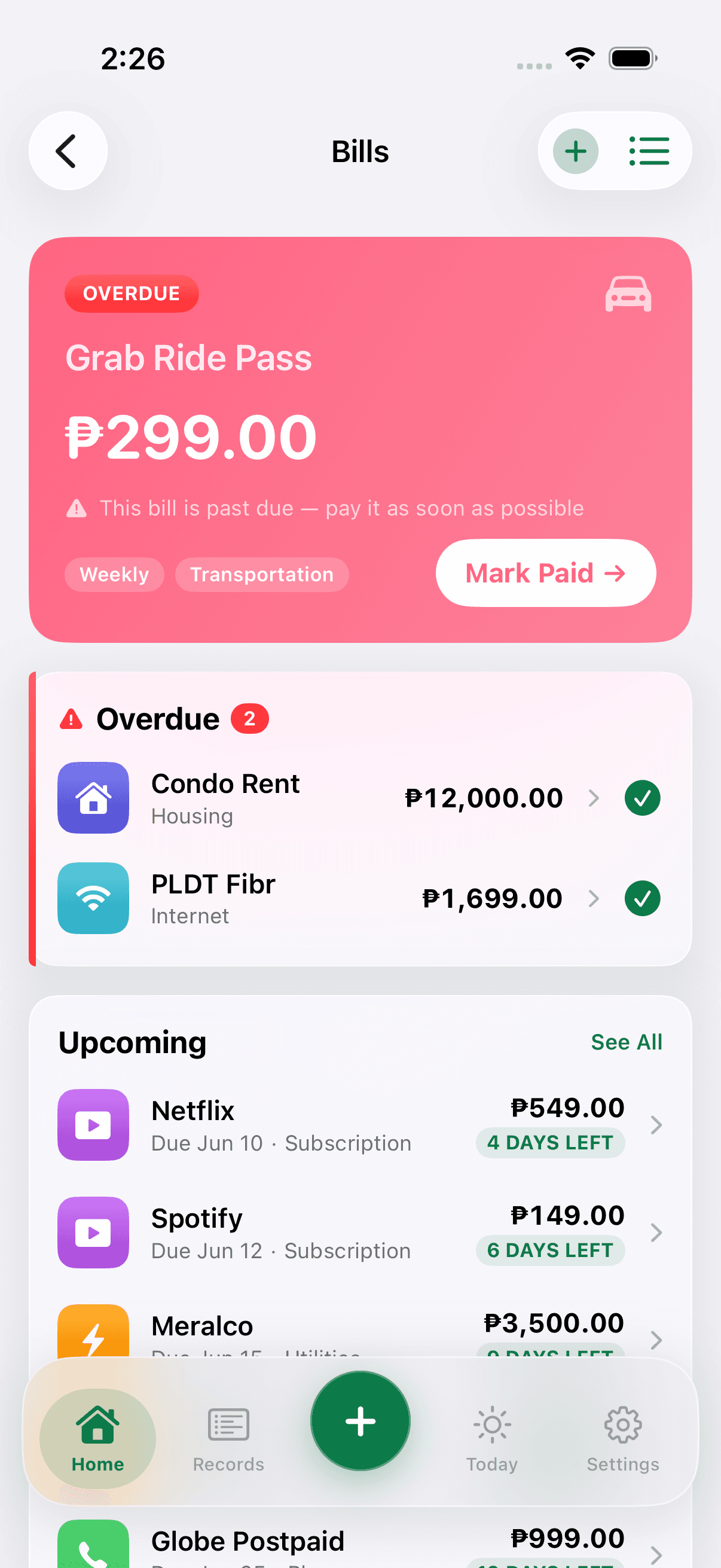 Pisowise bills screen showing regular payment reminders.