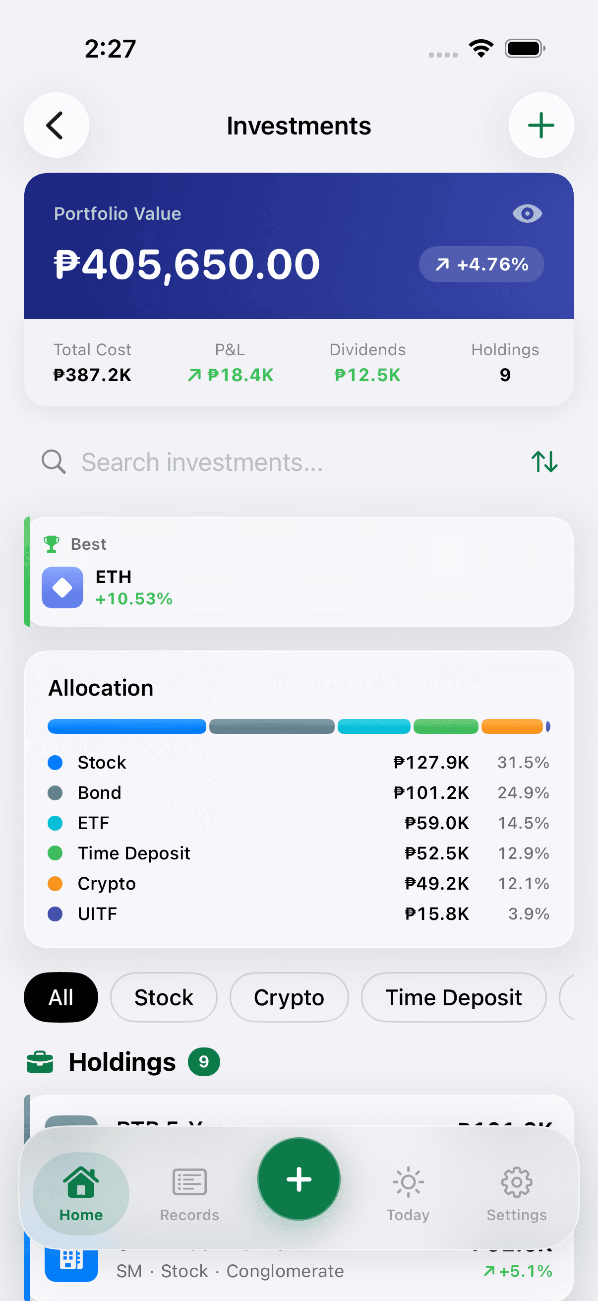 Pisowise investments screen showing portfolio value, allocation, and holdings.