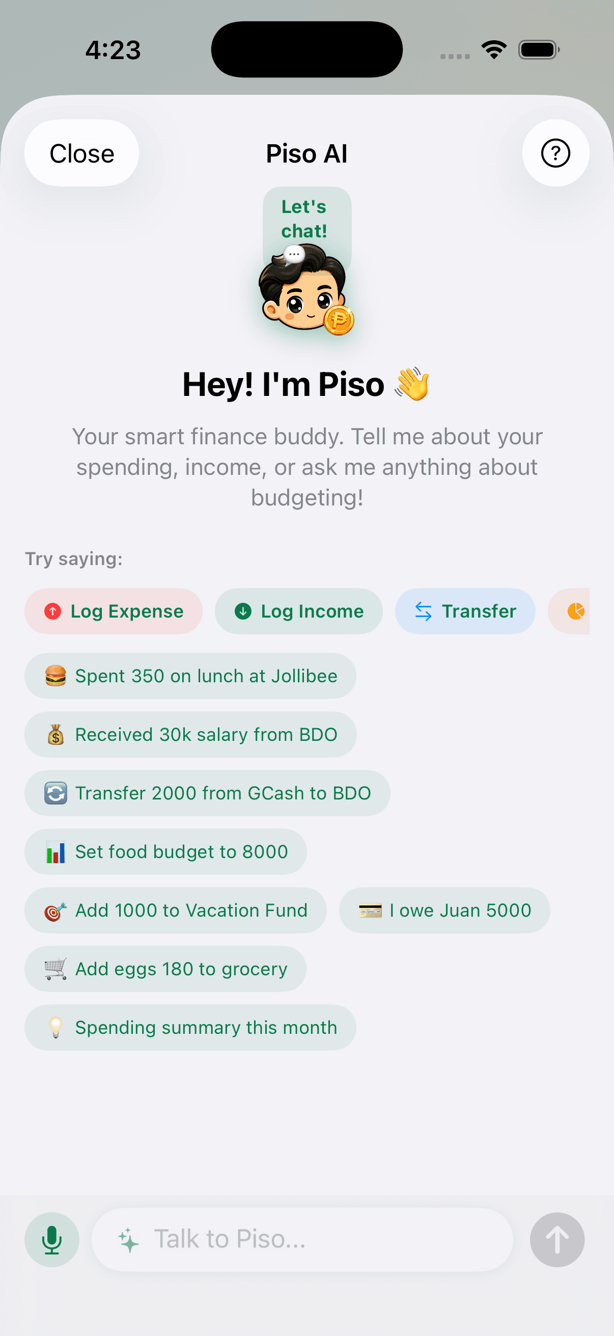 Pisowise Piso AI screen showing suggested prompts for logging expenses, income, transfers, budgets, goals, debts, grocery items, and summaries.